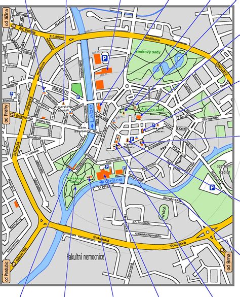 Mapa centra Komárna s vyznačenými obchodmi