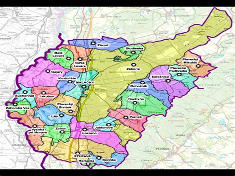 Mapa okresu Malacky s vyznačením nového Tesco