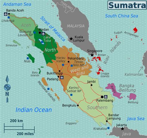 Mapa ostrova Sumatra s vyznačením oblasti výskytu Amorphophallus titanum