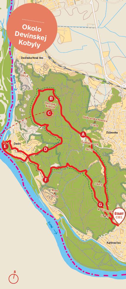 Mapa Devínskej Kobyly s vyznačenými turistickými chodníkmi