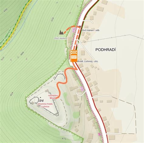 Mapa okolia Zbojníckeho hradu s vyznačenou trasou