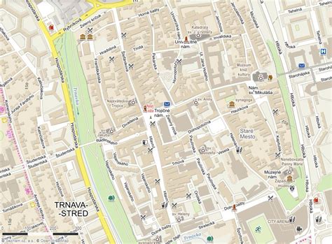 Mapa Trnavy s vyznačením Trojičného námestia a Hlavnej ulice