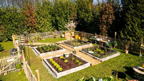 Záhrada so zeleninovými záhonmi a vyvýšenými záhonmi