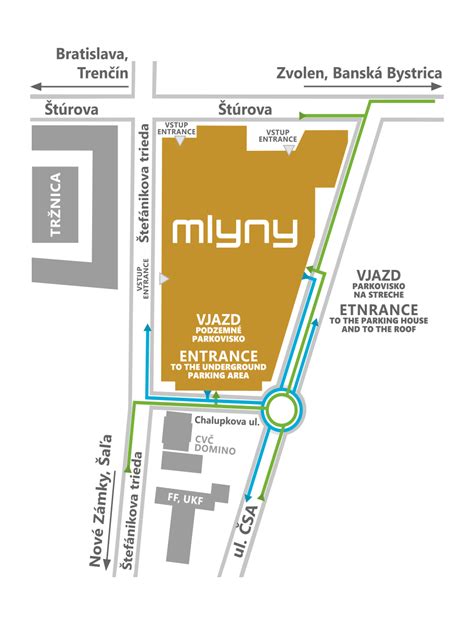 Mapa okolia OC Mlyny Nitra s vyznačenými ulicami