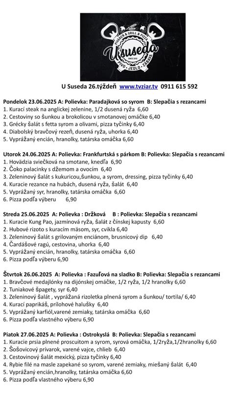 Ukážka jedálneho lístka na týždeň v rekreačnom zariadení