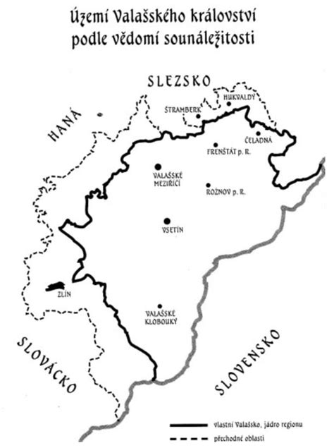 Mapa zobrazujúca oblasť Valašska a Slovenska