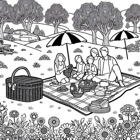 Ilustrácia pikniku s košíkom a dekou