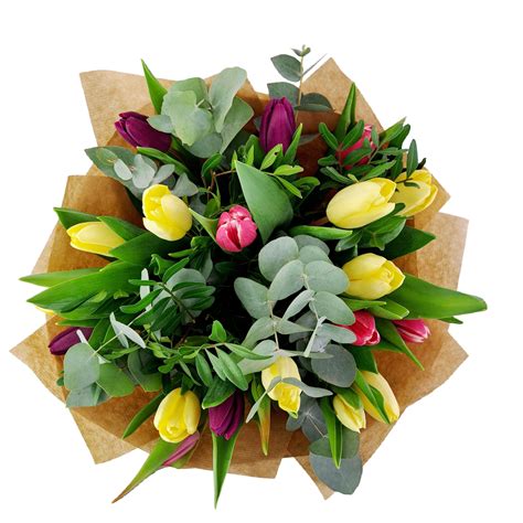 Kytica tulipánov s karafiátmi a eukalyptom