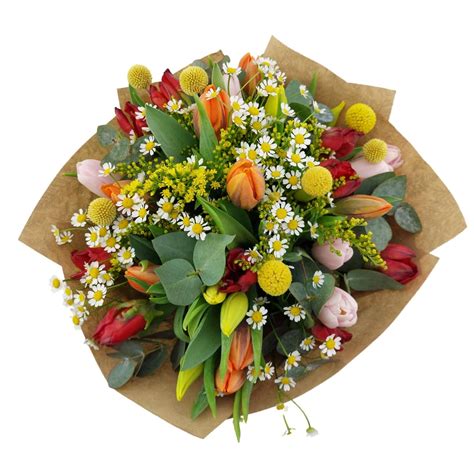 Štýlová kytica tulipánov s eukalyptom