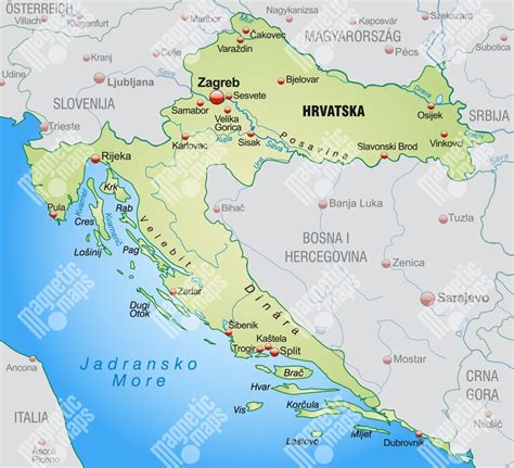 Mapa Chorvátska s vyznačenými geografickými oblasťami