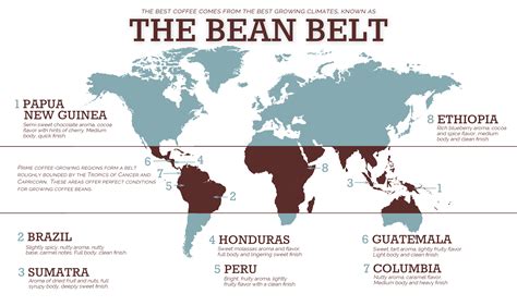 Mapa kávového pásu (Coffee Bean Belt) a krajiny, kde sa pestuje káva