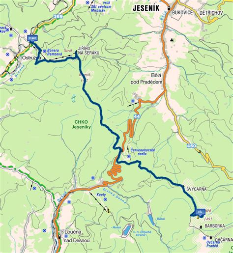 Mapa Jeseníků s vyznačenou lokalitou Praděd a Petrových kamenů
