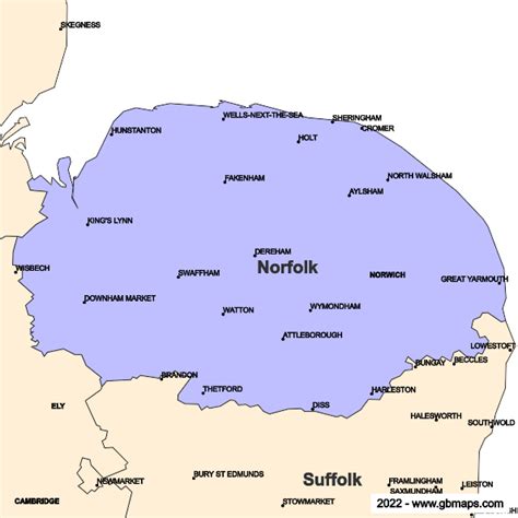 Mapa oblasti Suffolk, Norfolk a Cambridge