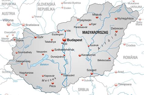 Mapa Maďarska so zvýraznenými literárnymi centrami
