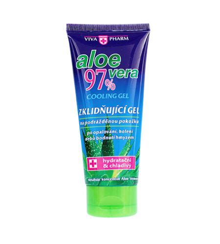 Fľaša gélu Vivapharm Aloe Vera 97% s aloe listami v pozadí