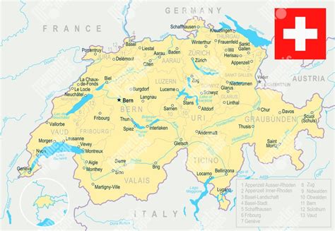 Mapa Švajčiarska s vyznačenými horami a jazerami