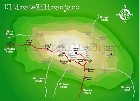 Mapa trasy Lemosho Route na Kilimanjaro