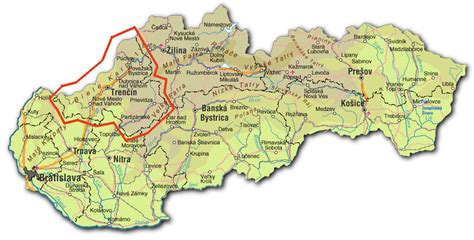 Mapa Trenčianskeho kraja s vyznačenými priemyselnými zónami