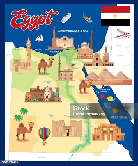 Mapa Egypta s vyznačenými turistickými a poľnohospodárskymi oblasťami