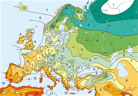 Mapa: Zóny mrazuvzdornosti pre Prunus laurocerasus v Európe