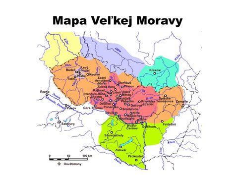 Historická mapa Veľkej Moravy s hypotetickými lokalitami