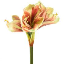 Detail umelého kvetu amaryllis s ružovo-žltými okvetnými lístkami a žltými tyčinkami