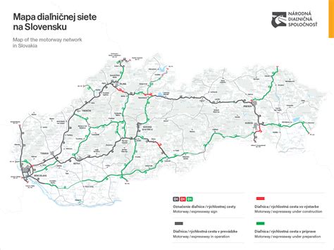 Mapa s vyznačenými spoplatnenými úsekmi diaľnic na Slovensku