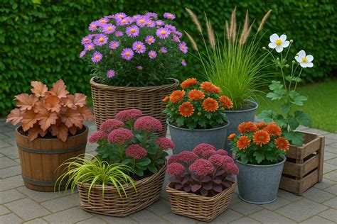 Kombinácia kvitnúcich trvaliek a byliniek v kvetináči