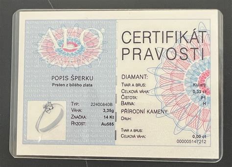 Certifikát pravosti diamantových šperkov ALO diamonds