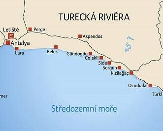 Mapa Tureckej riviéry s vyznačeným mestom Side